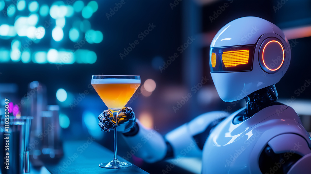 Poster daily working of hi-tech robot with cocktail in the bar.