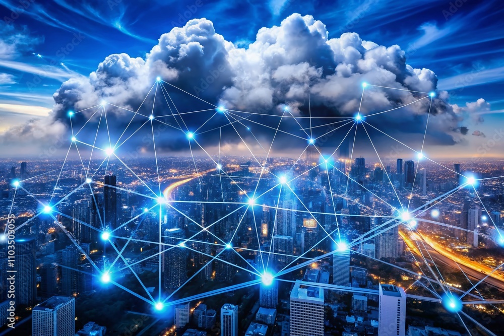 Poster conceptual photography of cloud computing with filled line design, showcasing data transfer, network