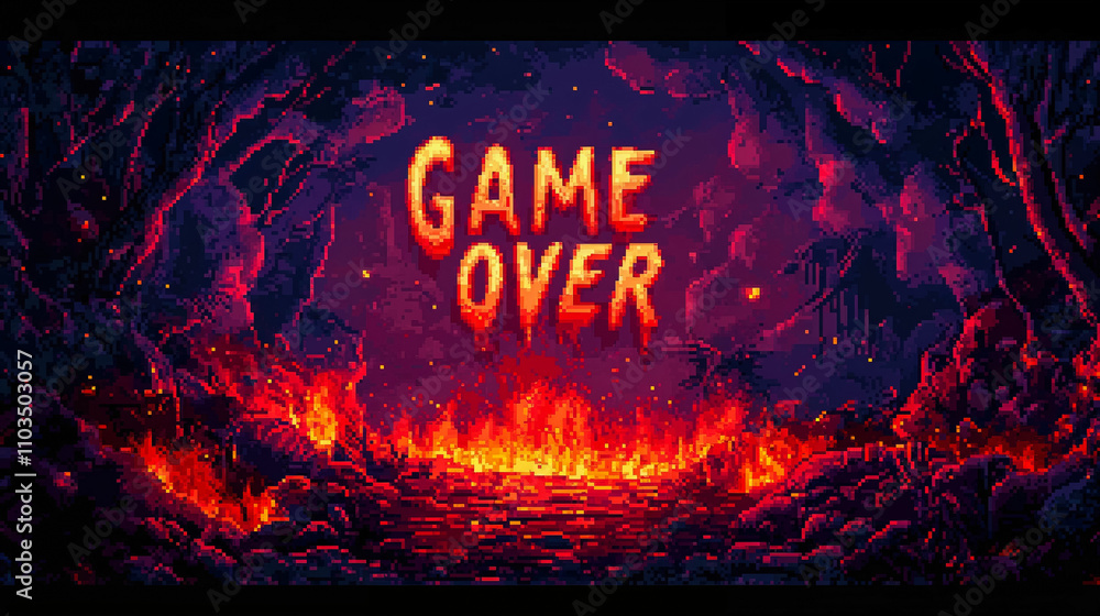 Aufkleber a video game end screen with fire and lava with the text 'game over'. vintage pixelated style.