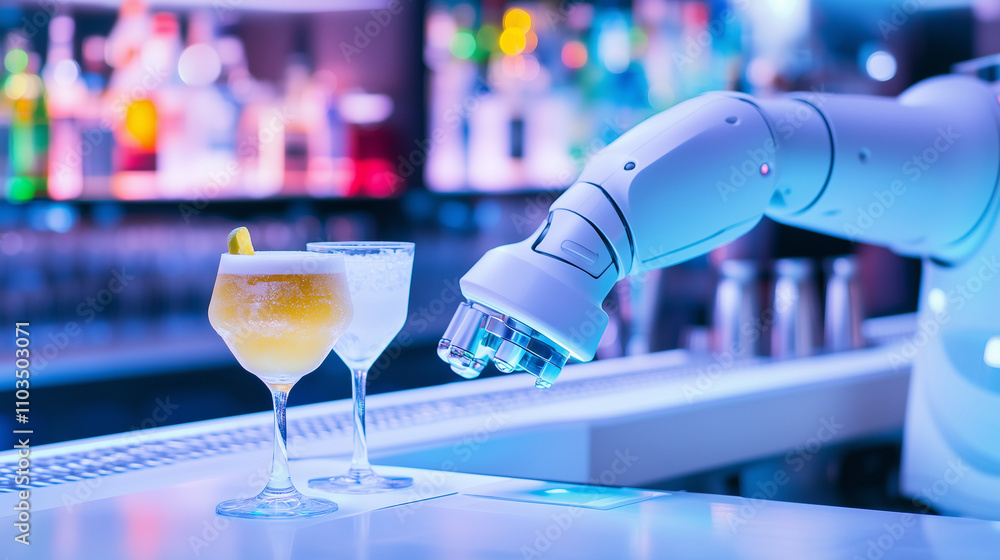 Poster daily working of hi-tech robot with cocktail in the bar.