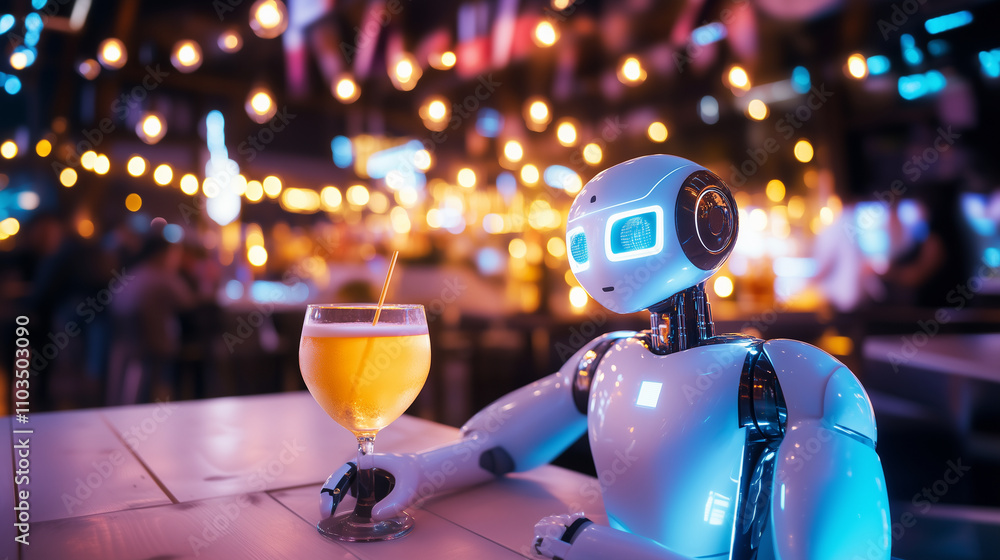 Poster daily working of hi-tech robot with cocktail in the bar.