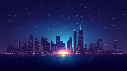 Fototapeta premium A modern urban skyline glowing with light under a clear starry night sky