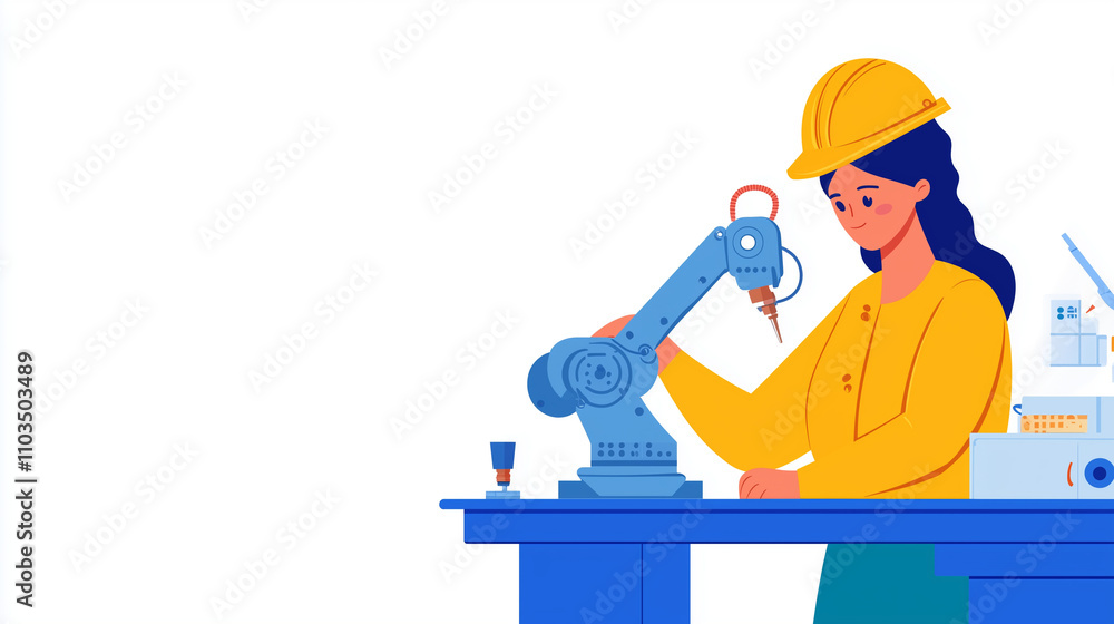 Poster female engineer working in advanced robot welding machine factory in modern technology world isolate