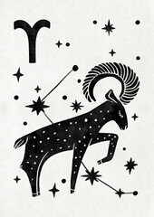 Folk poster of Aries Zodiac sign, trendy Scandinavian astrological illustration of constellation, black © Lisa