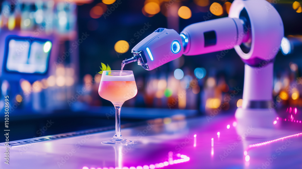 Poster daily working of hi-tech robot with cocktail in the bar.