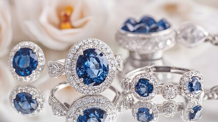 An arrangement of sparkling sapphire jewelry on a mirrored surface, with an airy layout for copy,