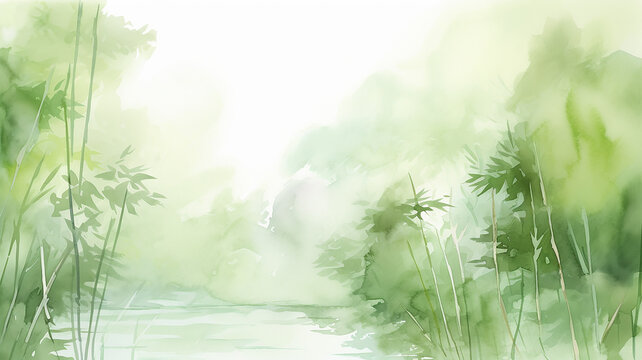 Green abstract bamboo thickets, watercolor card background