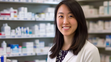 Portrait of cheerful asian female pharmacist in pharmacy, medicines and supplements on shelves in background