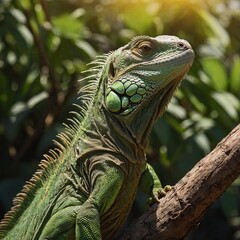 Obraz premium A green iguana basking on a branch under the warm sun.