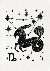 Folk poster of Capricorn Zodiac sign, trendy Scandinavian astrological illustration of constellation, black © Lisa