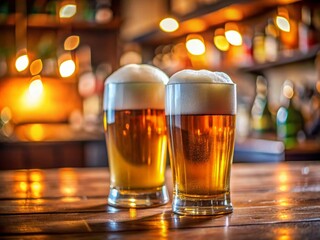 Continuous Line Art of Two Beer Glasses in Tilt-Shift Photography Style for Unique and Creative Beverage Illustrations