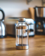 Stylish glass and stainless steel water bottle placed on a wooden kitchen countertop with appliances in the background