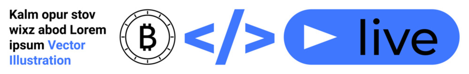 Bitcoin symbol, HTML code icon, and blue live button. Ideal for cryptocurrency, coding, technology, live streaming, blockchain, digital finance, tech presentations. Landing page