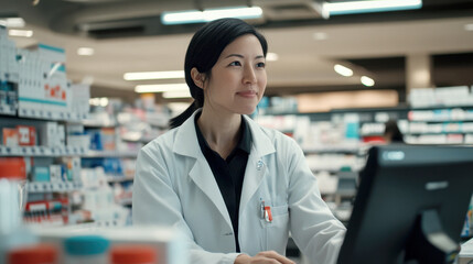 Smiling Asian pharmacist in a pharmacy operates a computer and searches for medicines from a patient's prescription