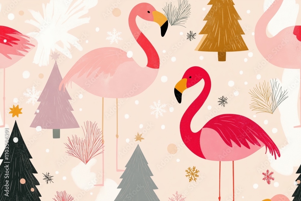 Aufkleber a pattern of pink flamingos and trees. the flamingos are pink and the trees are green and brown. the