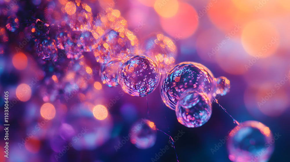 Poster close-up of water droplets on a web, illuminated with vibrant purple and orange bokeh. the transluce
