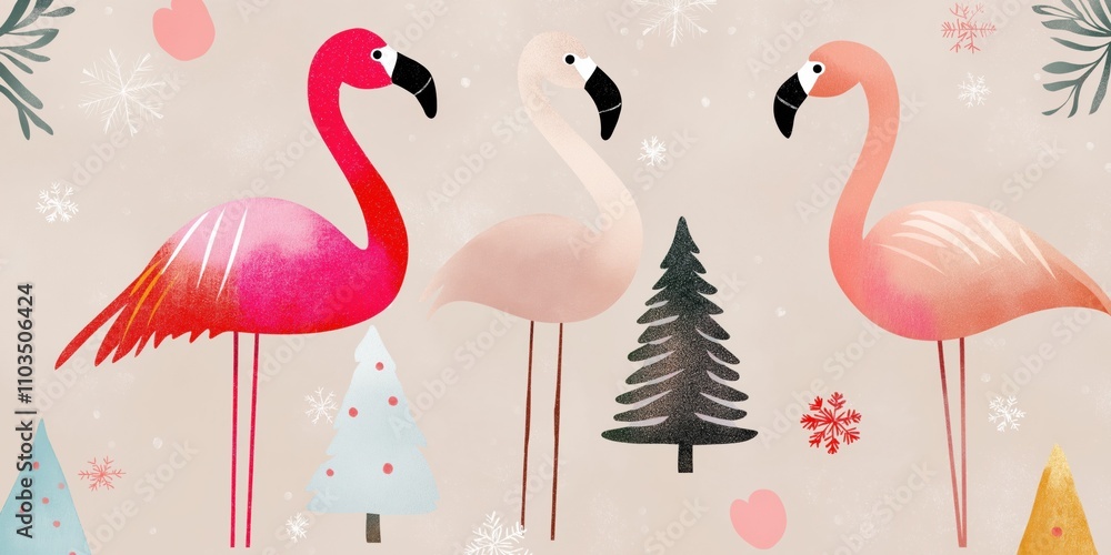 Aufkleber three flamingos standing in front of a tree and snow. the flamingos are pink and the tree is green. 