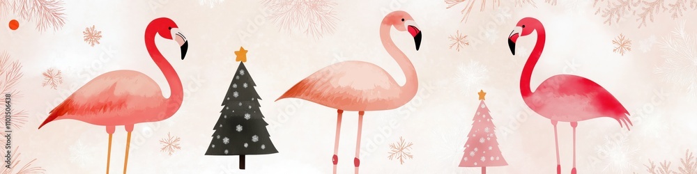 Poster a group of flamingos standing in front of a christmas tree. the flamingos are in various positions, 