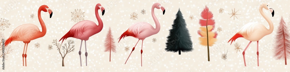Poster a row of flamingos are standing in front of a christmas tree. the flamingos are in various positions