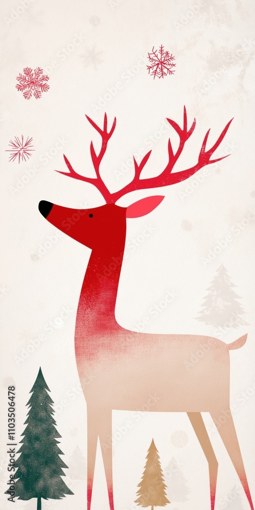 Poster a red deer with antlers is standing in front of a tree. the deer is surrounded by snowflakes, which 