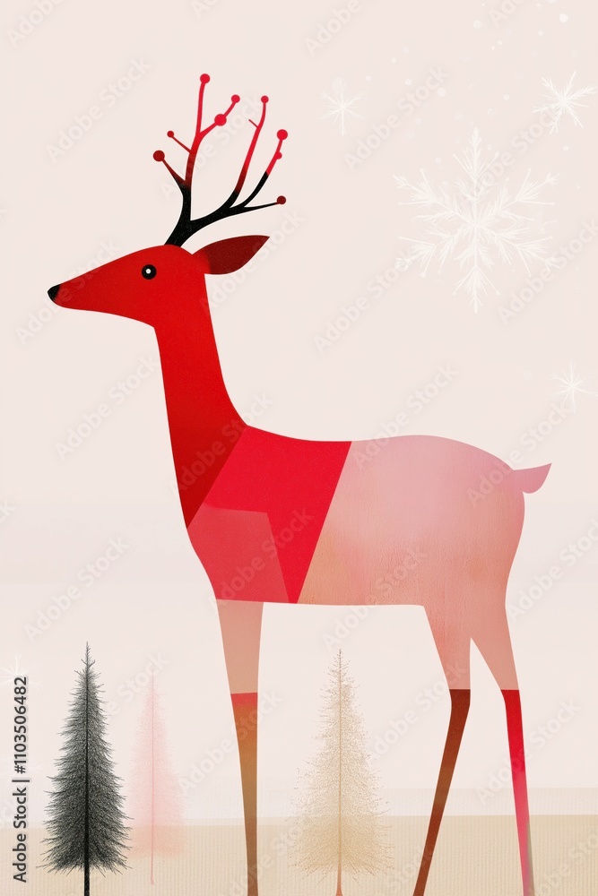Poster a red deer stands in front of a tree with snow on it. the deer is wearing a red hat and has a red no