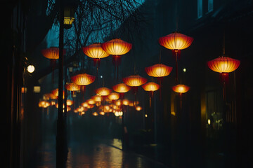 Traditional Chinese lanterns glow softly in the night, illuminating a decorated street for Chinese...