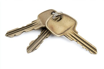 Rustic metal keys with worn edges isolated on white background