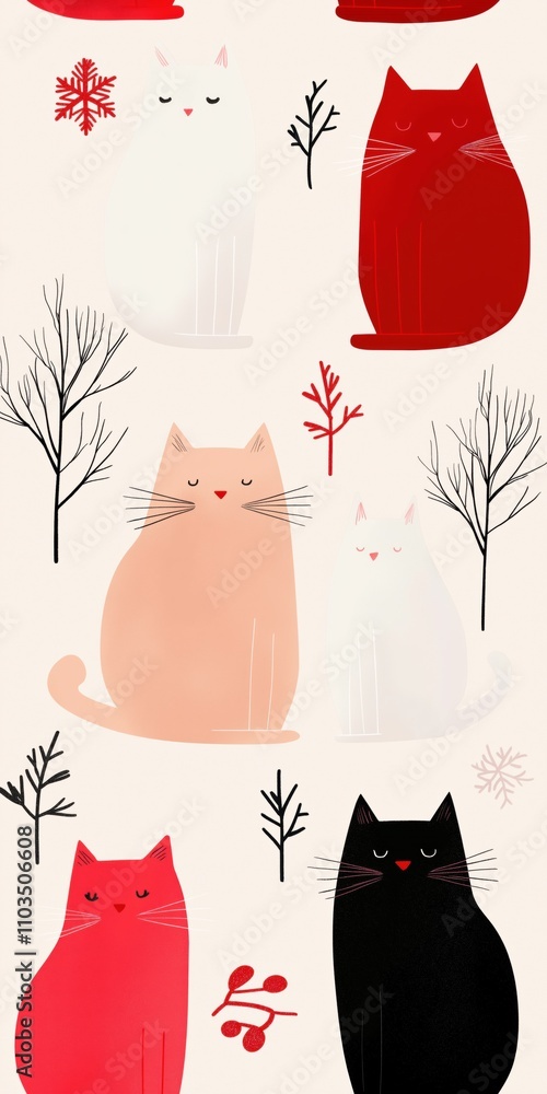 Poster a series of cats are sitting in a forest with trees and leaves. the cats are of different colors and