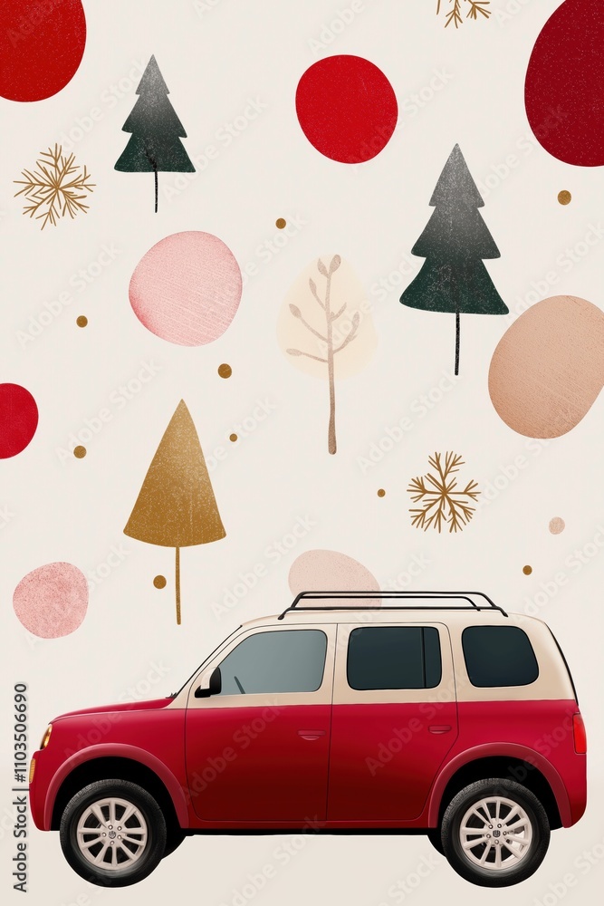 Poster a red car is parked in front of a christmas tree. the car is a station wagon and is parked in front 