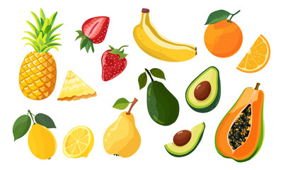 Set of fruit and berry icons. Natural tropical fruits. Papaya, banana, avocado, pineapple, strawberry, orange, lemon, pear. Vector illustration. Isolated.