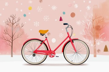 Fototapeta premium A red bicycle is parked in the snow. The bike is surrounded by trees and snowflakes. The image has a wintery and peaceful mood