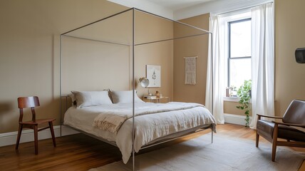 Minimalist Bedroom with Beige Walls and Modern Canopy Bed