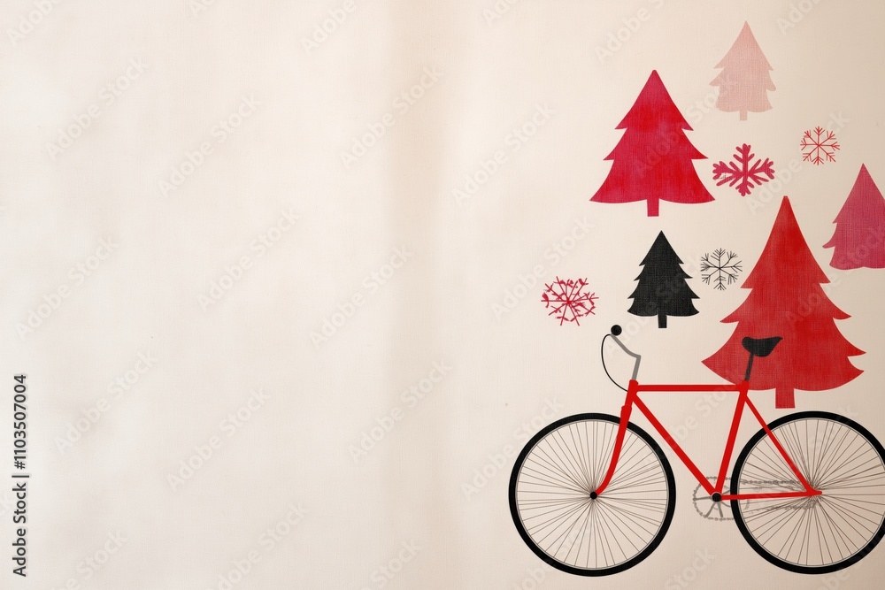 Poster a red bicycle with a tree on the handlebars. the bicycle is surrounded by trees and snowflakes