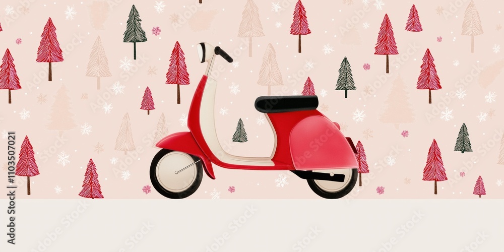 Poster a red scooter is parked in front of a christmas tree. the image has a festive and cheerful mood, wit