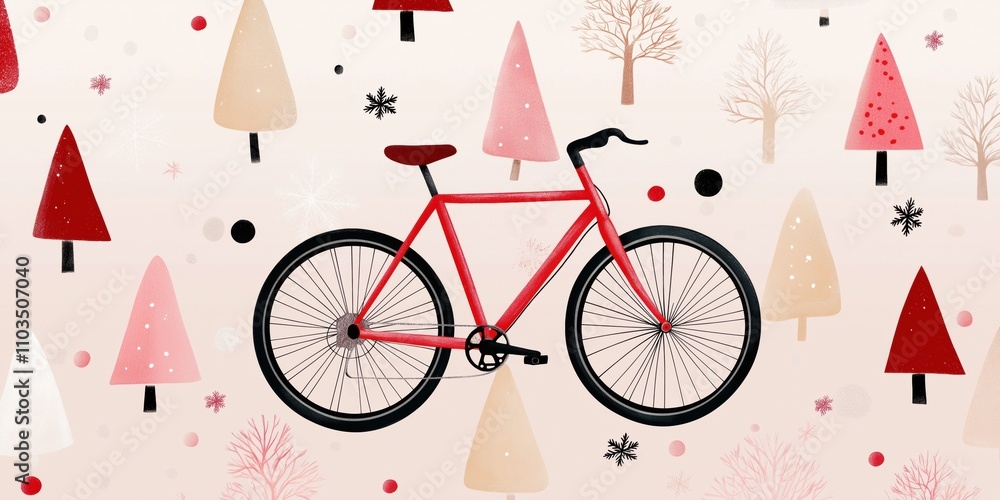 Poster a red bicycle is the main focus of this image, which features a snowy forest background. the bicycle