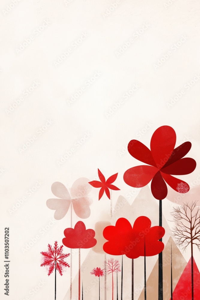Poster a painting of a forest with red flowers and trees. the flowers are in various sizes and are scattere