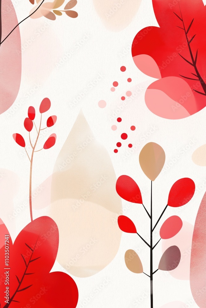 Aufkleber a red and white flowery background with a red leafy tree in the foreground. the background is a mix 