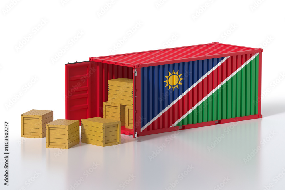 Aufkleber cargo container with namibia flag being unloaded with wooden crates on white background