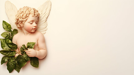 Fototapeta premium Serene Cherub with Wings and Green Leaves on Soft Background