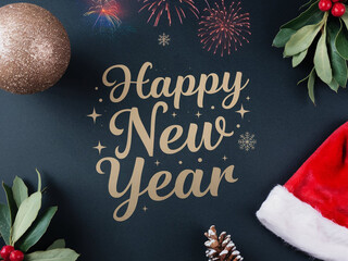 Happy new year celebration text typography lettering Christmas ball on dark background greeting card