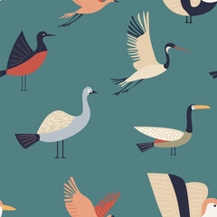 Birds Seamless Pattern, Vector Art for Modern Designs, minimalism, muted colors, background