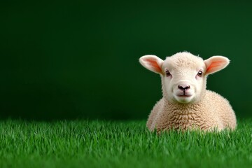 Fototapeta premium A cute lamb rests on lush green grass, showcasing its soft wool and curious expression against a vibrant green background.