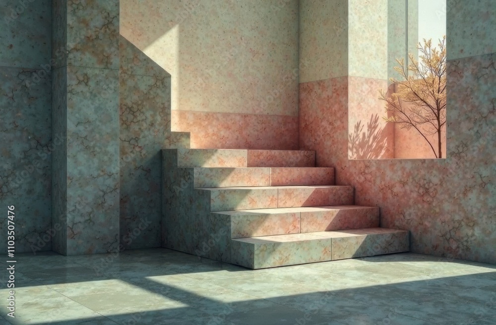 Poster sunlight pours through large windows, illuminating a serene interior space with patterned stone stai