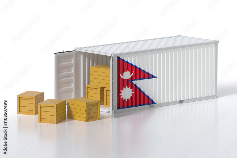 Poster cargo container with nepal flag being unloaded with wooden crates on white background
