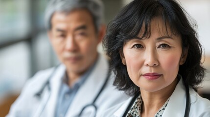 Team of middle-aged Asian doctors wearing white coats represent a well-functioning healthcare system