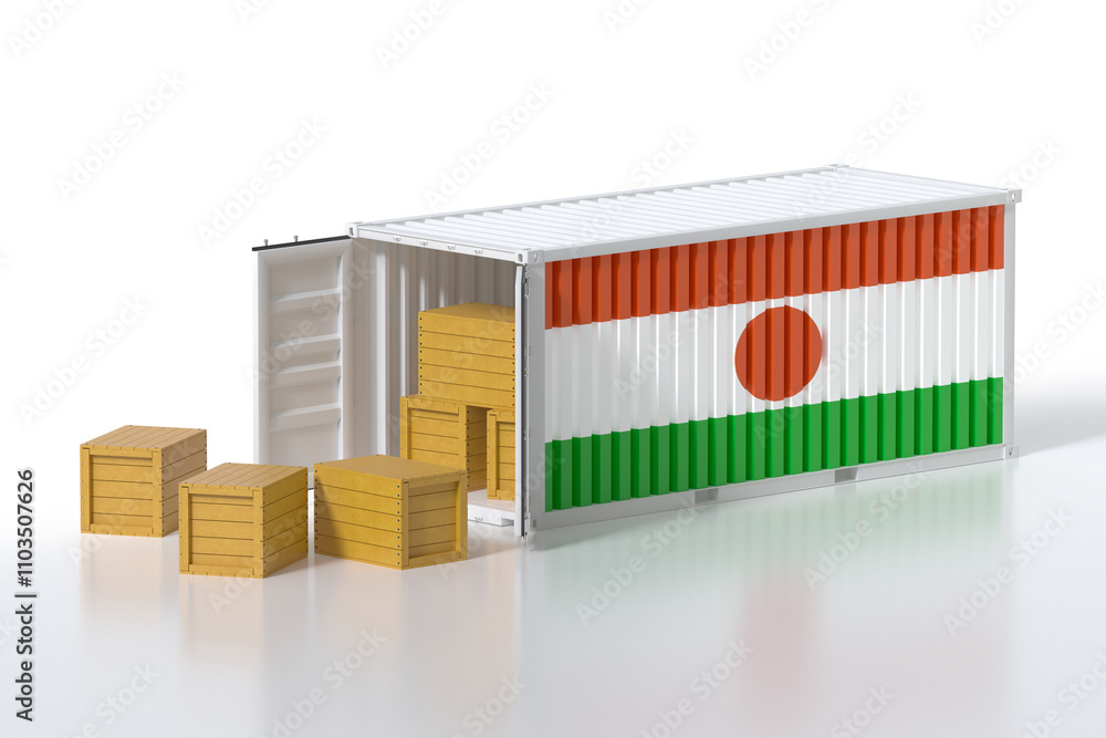 Aufkleber cargo container with niger flag being unloaded with wooden crates on white background