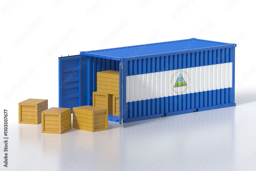 Poster cargo container with nicaragua flag being unloaded with wooden crates on white background