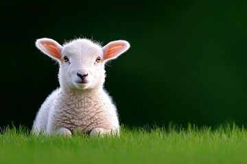 Fototapeta premium A cute lamb lies on vibrant green grass, showcasing its soft wool and attentive expression against a blurred dark background.