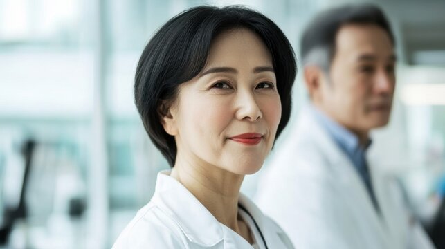 Team of middle-aged Asian doctors wearing white coats represent a well-functioning healthcare system