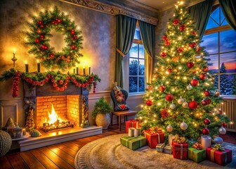 Cozy Christmas Tree in a Festively Decorated Room with Warm Lights and Holiday Cheer, Perfect for Celebrating the Joy of the Season and Creating Lasting Memories with Loved Ones
